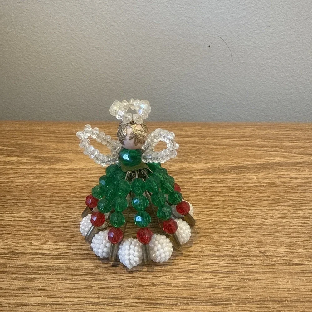 Vintage Handmade Christmas Bead‎ And Safety Pin Angel ornament & Bells